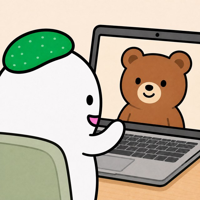 オバケロンがラップトップでクマとオンライン相談をしているイラスト